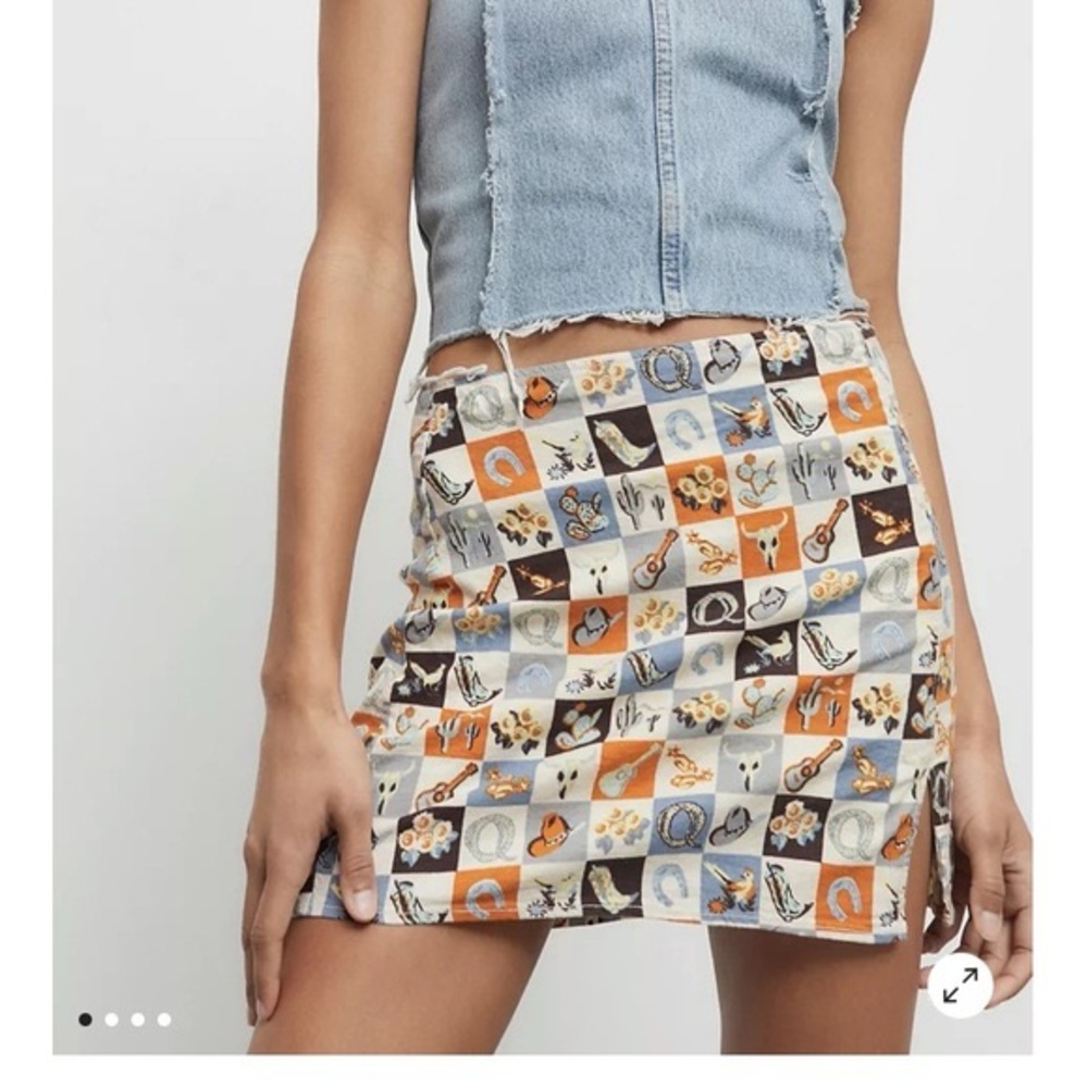 Urban Outfitters Patchwork Western Cowboy Mini Skirt Sz Medium Brown Blue Boho